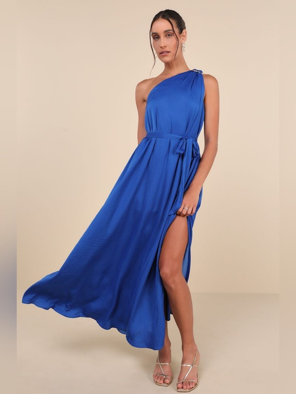 Lulu's Cobalt One-Shoulder Maxi Dress with Side Slit